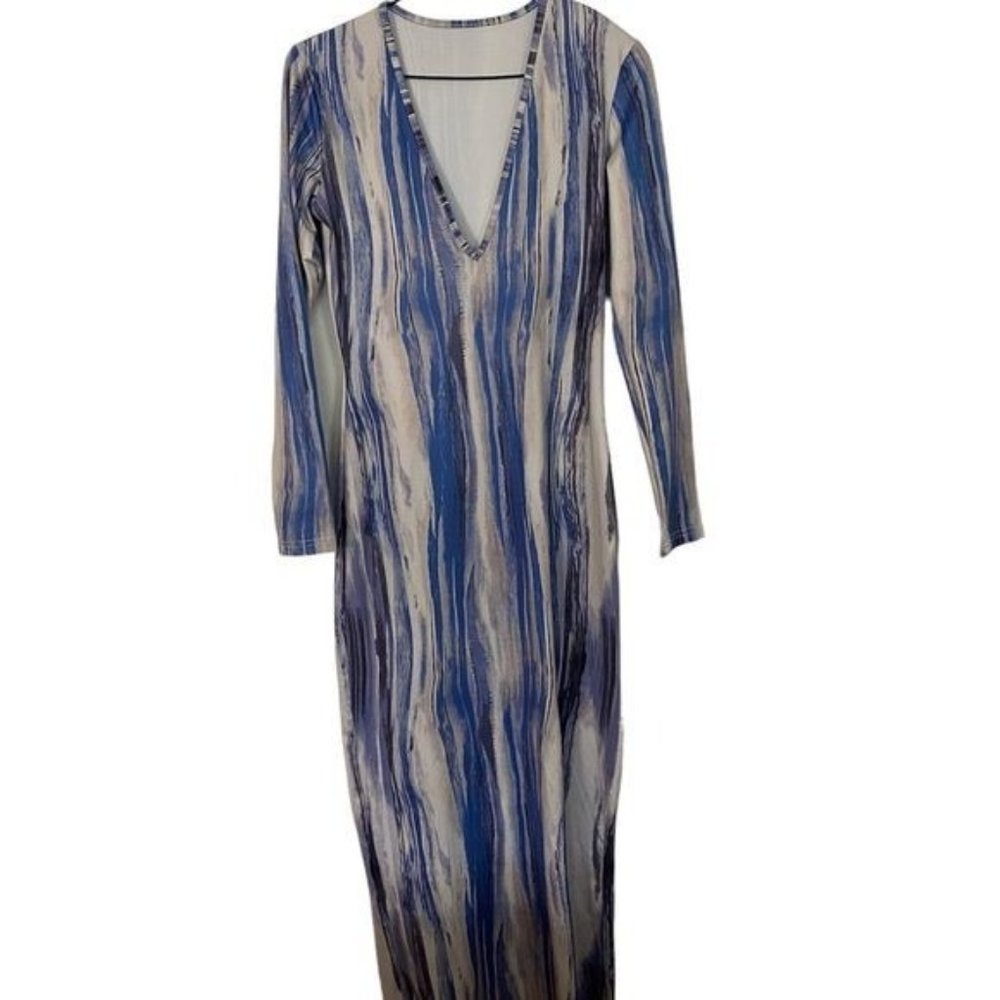 Fashion Maxi Dress Fitted Deep Vneck Medium Blue Color Print